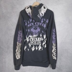 Vintage Sin City Cycles Hoodie Mens XL Black Gray Flames Skull Sleeve Hit 2000